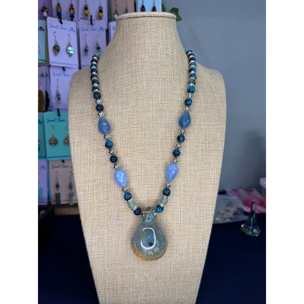 Handmade Glass Teardrop Pendant Beaded Necklace Blue Chalcedony Tigers Eye Clasp